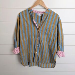 NEW SZ Blockprints Striped Block Print Tunic Blouse Contrast Cuffs Artisan Boho
